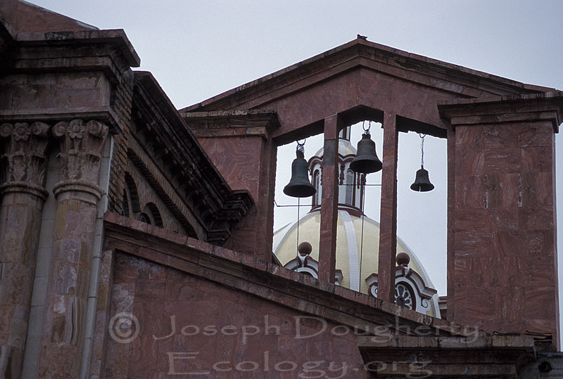 Church belltower, on the street in Cuenca