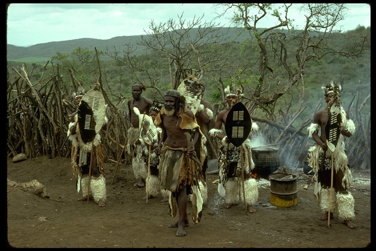 Zulu warriors at Stewarts Ranch, en route to Durbin, South Africa, 1975