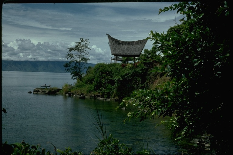 Scene on Lake Toba with Tao Island (Honeymoon Island) in the foreground, Sumatra, Indonesia