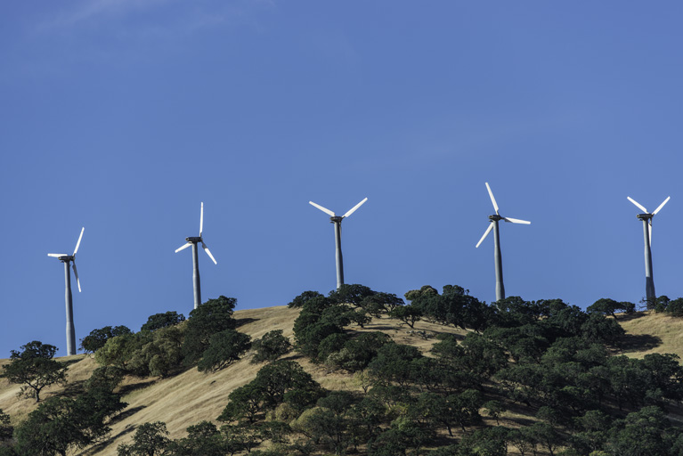 A wind turbine farm on a ridge at Pacheco State Park in California.