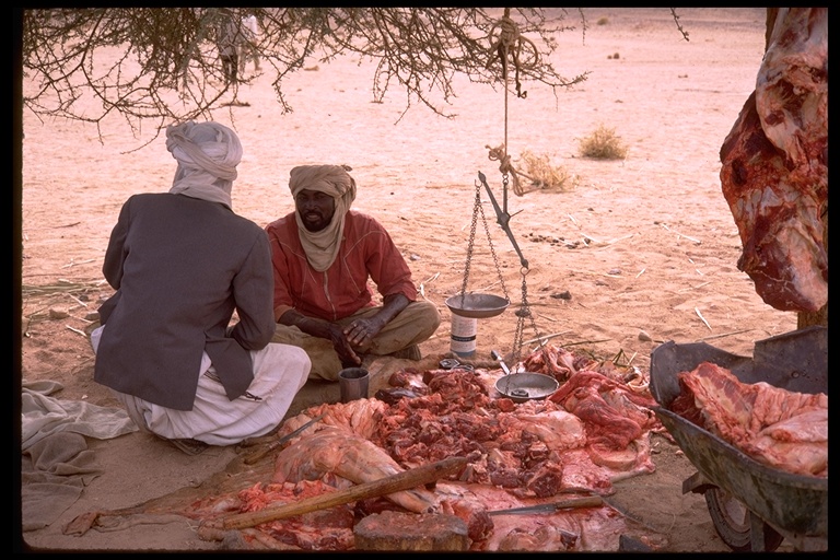 Men sitting with meat and cooking utensils in Sahara, Africa