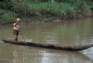 Poling a dugout canoe across a creek tributary of the Rio Napo, Amazonas district.