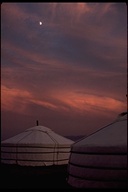 Yurts at sunset in the Gobi Desert, Mongolia