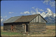 View of Moulton Ranch buildings and Mt. Teton on Mormon Row