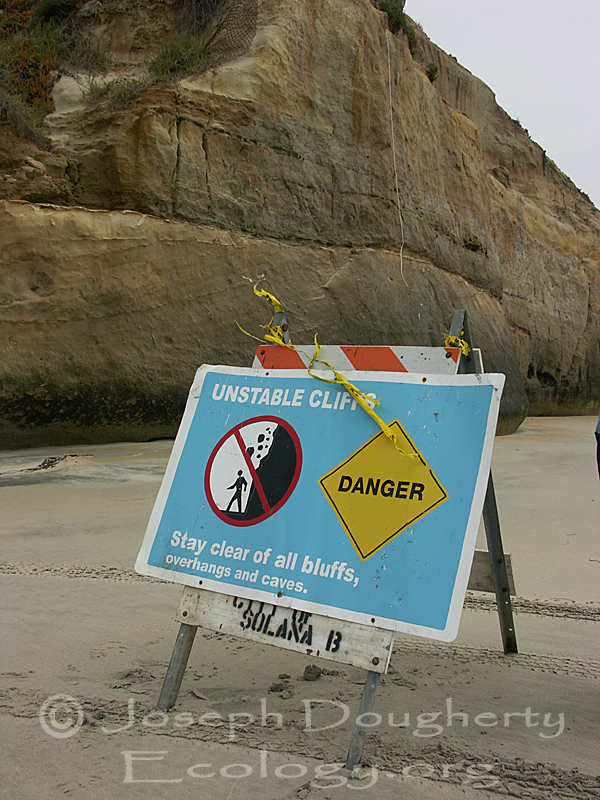 Coastal bluff erosion - warning sign indicates unstable sea cliffs and tells unwary climbers to stay back.