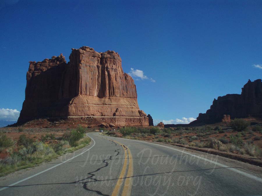 Driving through Courthouse Towers, Arches National Park