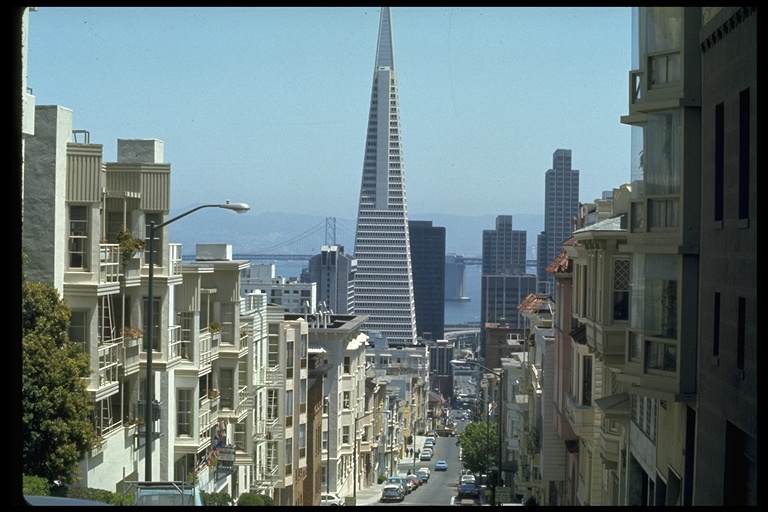 View of San Fracisco streets and the Transamerica Pyramid, San Francisco, CA