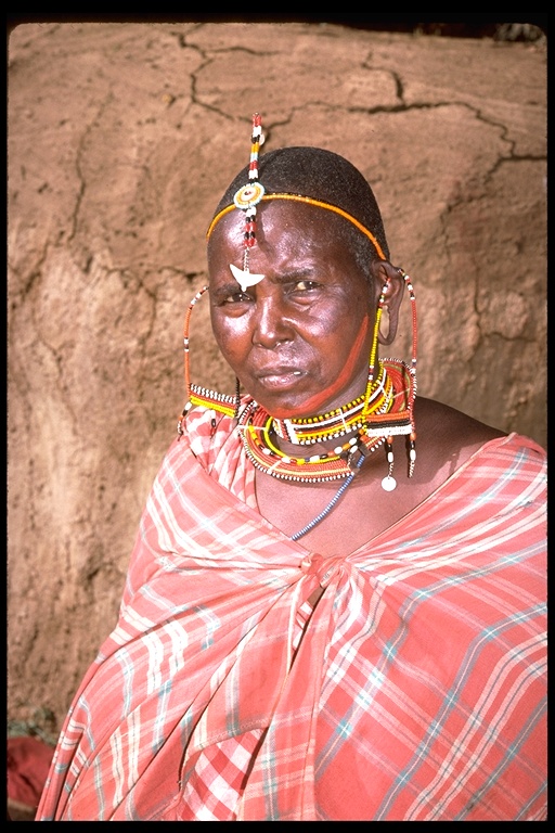 Masai woman with ethnic dress and jewelry, Kenya, East Africa