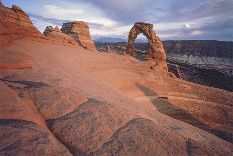 View of Delicate Arch, an entrada sandstone formation, in Arches National Park, Utah