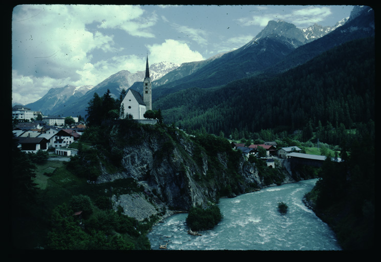 View of the municipality of Scuol which is located in the Swiss Alps