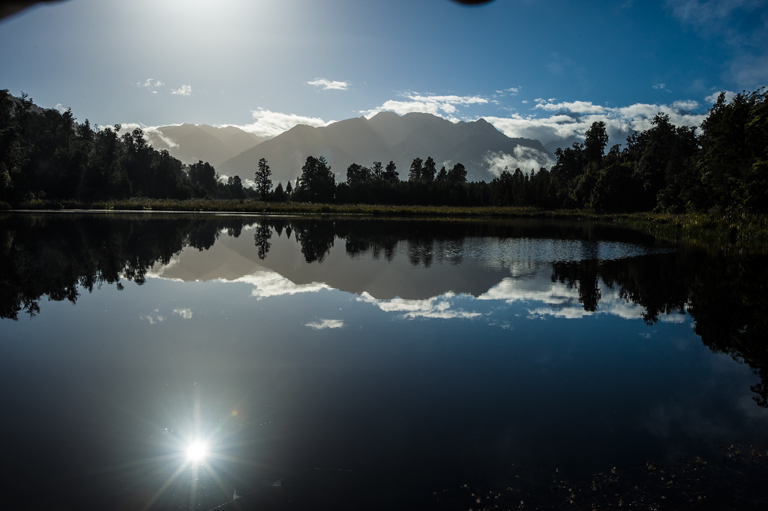 Reflection at Lake Matheson, Mount Tasman (left) and Mount Cook (right)